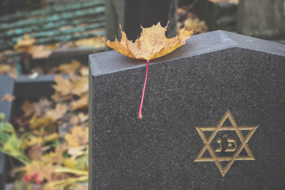 A yellow Maple Leaf is lying on gravestone with the star of David symbol. Jewish cemetery background